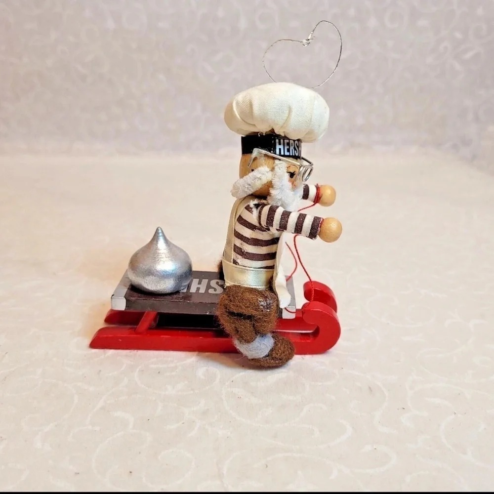 Vintage Kurt Adler Hersheys Chocolate Elf Chef on Wood Sled Christmas Ornament
